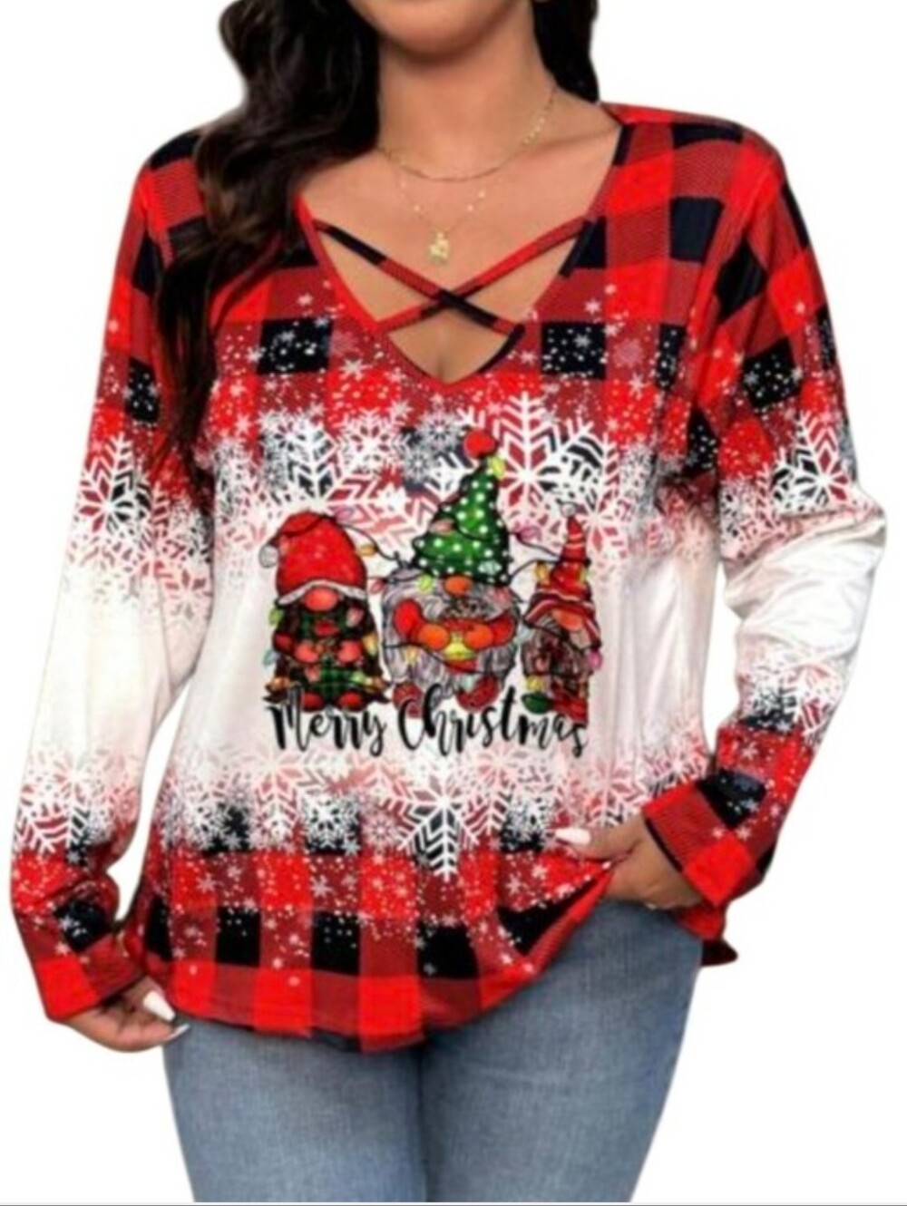 Women’s Red Buffalo Plaid ‘Merry Christmas’ Gnome Criss-Cross V-Neck Top